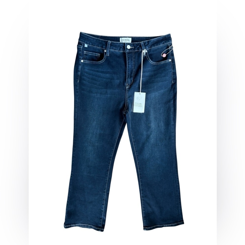 Ceros High Rise Straight Leg Ankle Jean 28” Waist Dark Wash Stretch Cotton Blend